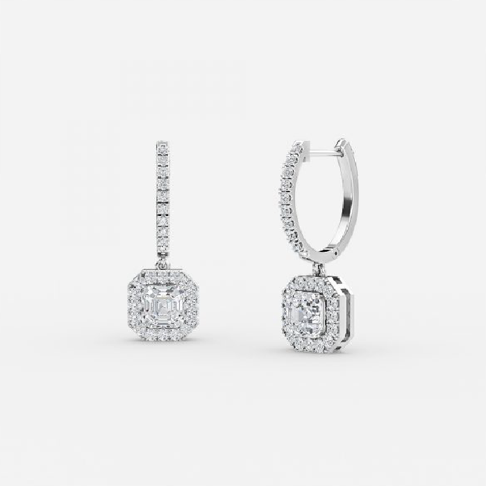 Asscher Diamond Halo Drop Earring