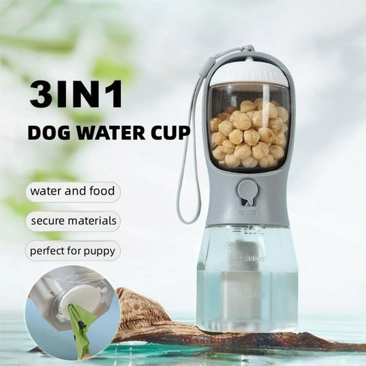 3-in-1 Dog & Cat Travel Water Bottle | 300ml Water + 100g Food + Poop-Bag Dispenser