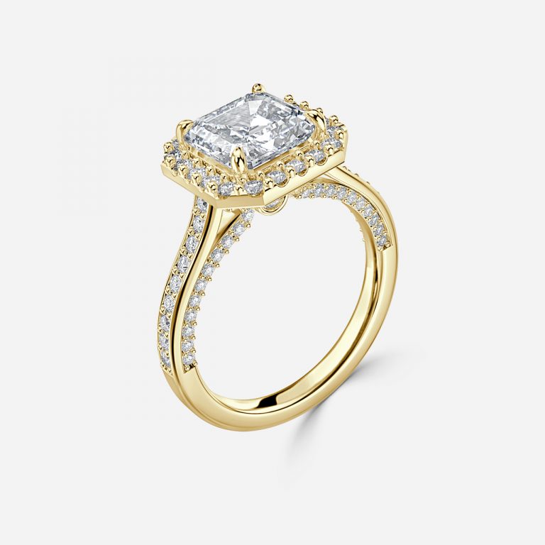 Nhẫn đính hôn kim cương nhân tạo Halo của Ayana Asscher