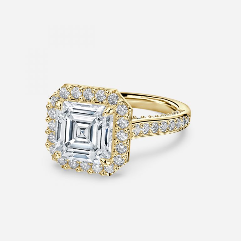 Nhẫn đính hôn kim cương nhân tạo Halo của Ayana Asscher